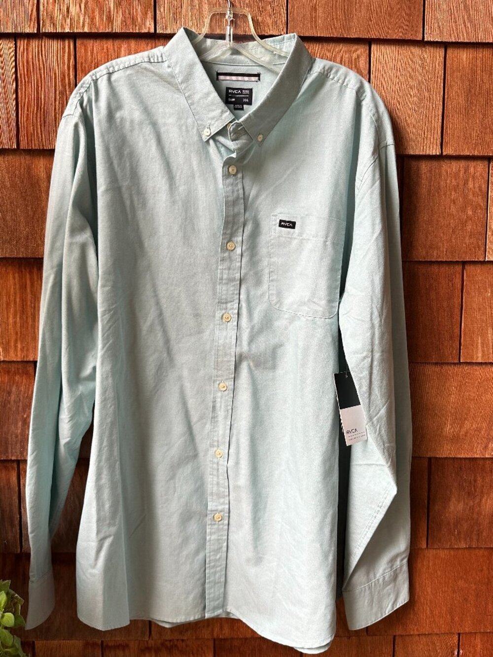 NWT RVCA Green Oxford Slim Fit Button Front Long Sleeve Shirt in Men's XXL